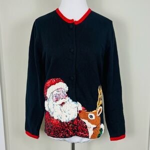 Vintage Festive Black Santa Reindeer Knit Cardigan Sweater